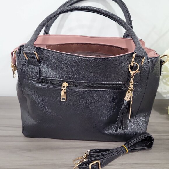 Black Faux Leather Tote Bag Pink Accents Satchel Crossbody Purse w Charm - Picture 6 of 10
